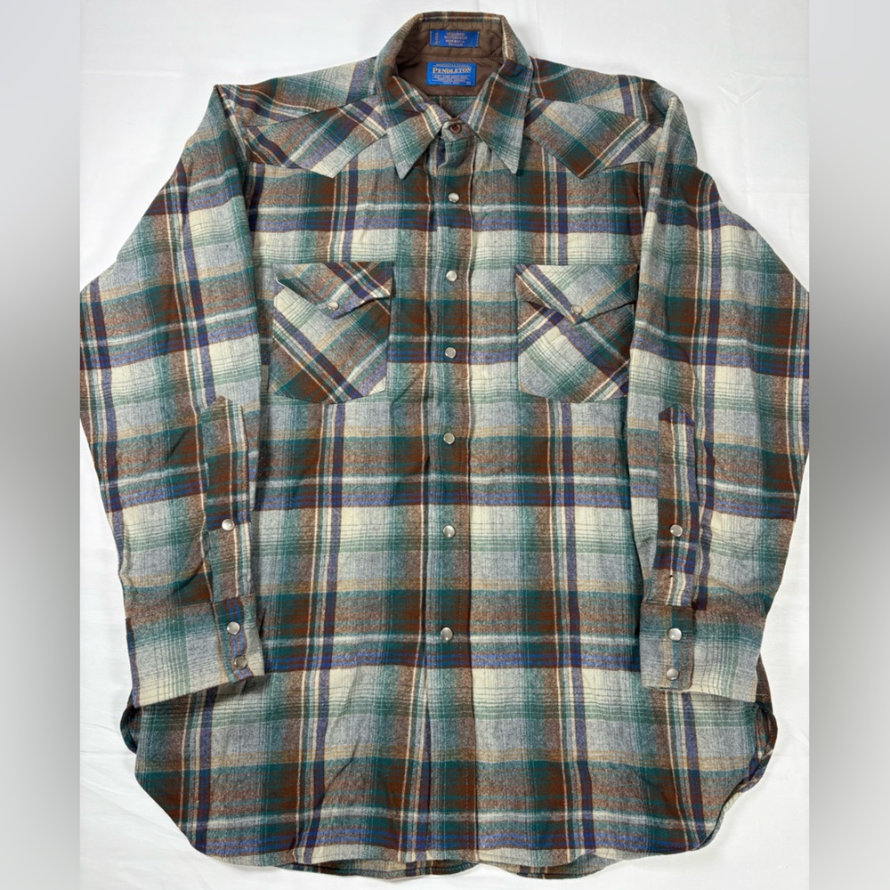 Pendleton Wool Western Shirt L Plaid Snap Vintage Made in USA